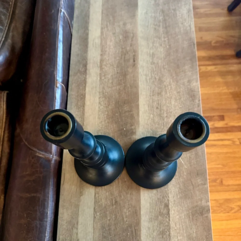 Cost Plus World Market Black Mango Wood Ringed Taper Candle Holder Matte 16